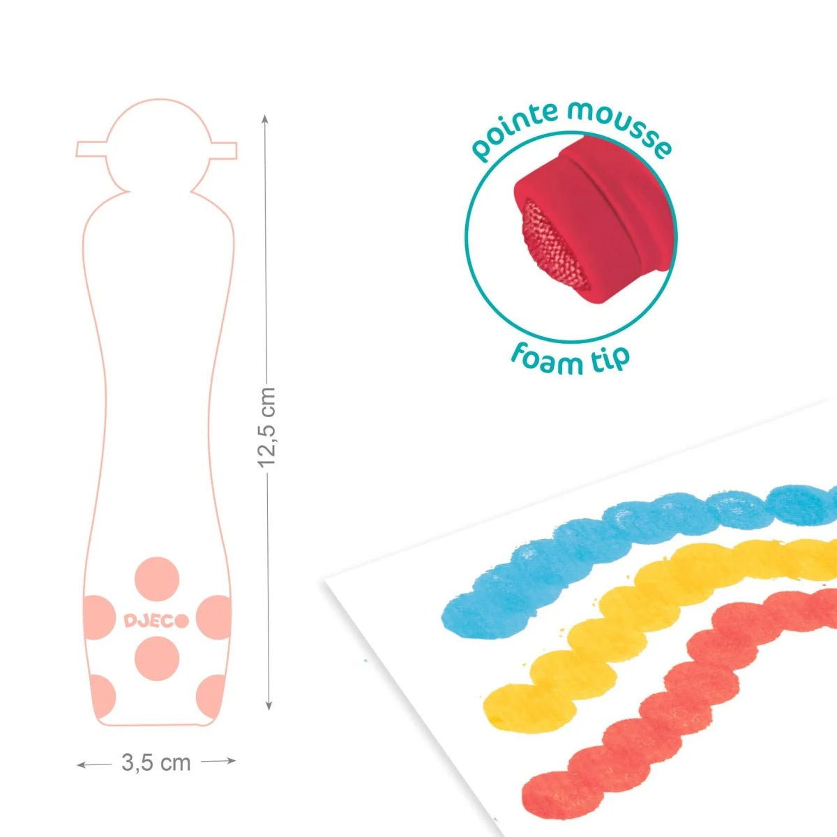 Infografik der Djeco Malstifte mit Punktspitze foam tip, Größenangaben und Maltechnik mit bunten Farbpunkten für Kinder bei Burgfrollein
