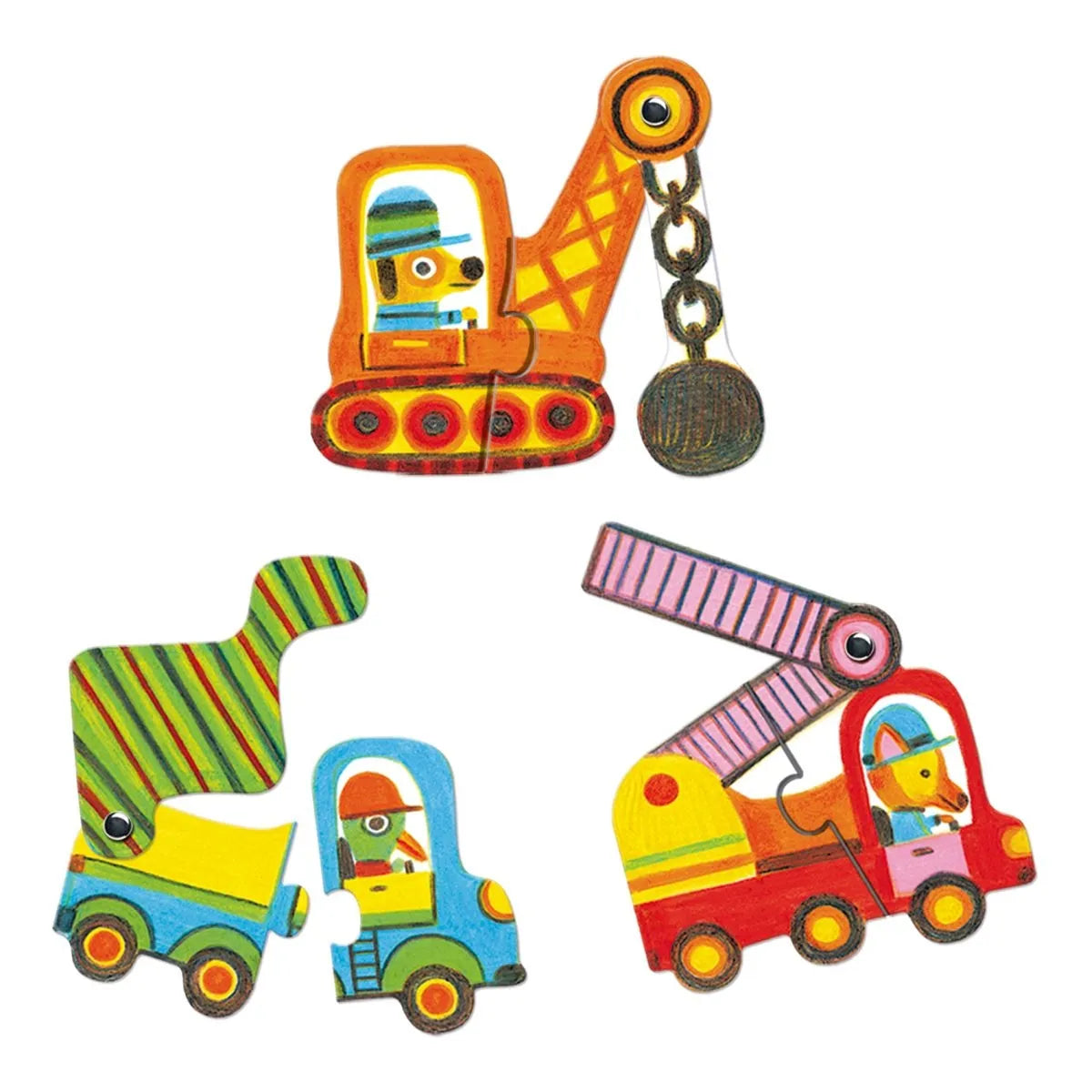 Detailansicht des Djeco Puzzle Duo Articulo mit Bagger mit Abrissbirne, Kipplaster und Feuerwehrauto für Kinder ab 2 Jahren bei Burgfrollein
