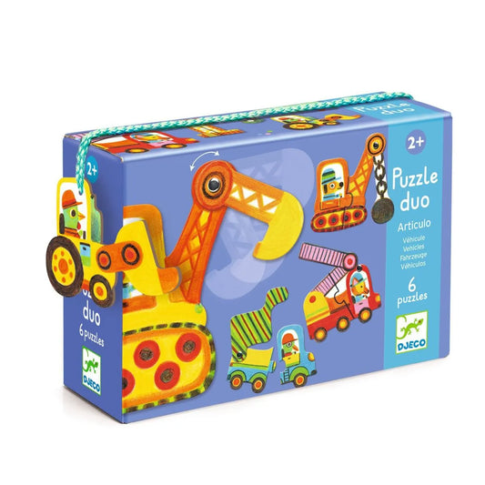 Verpackung des Djeco Puzzle Duo Articulo mit sechs Fahrzeug-Puzzles wie Bagger, Traktor und Lastwagen für Kinder ab 2 Jahren bei Burgfrollein
