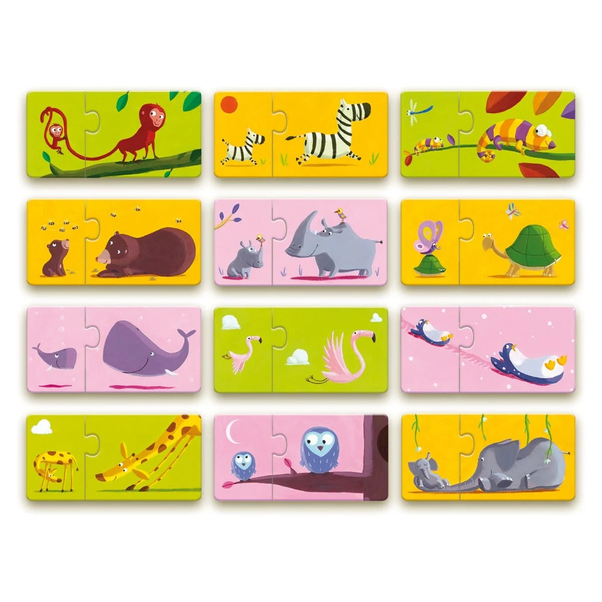 Motivübersicht des Djeco Puzzle Duo Mutti und Baby mit zwölf Tierpaaren wie Affe, Zebra, Chamäleon, Bär, Nashorn, Schildkröte, Wal, Flamingo, Pinguin, Giraffe, Eule und Elefant samt ihren Tierbabys für Kinder ab 2 Jahren bei Burgfrollein