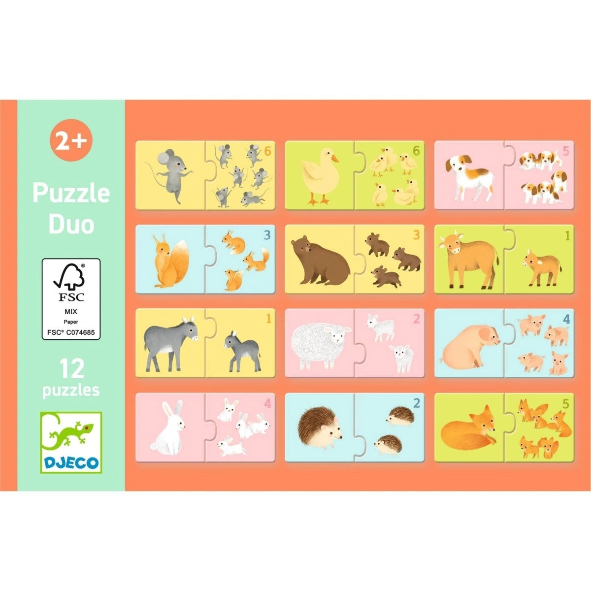 Motivübersicht des Djeco Puzzle Duo mit zwölf Tierpaaren von Tiermamas und ihren Kindern zum spielerischen Zählen lernen für Kinder ab 2 Jahren bei Burgfrollein