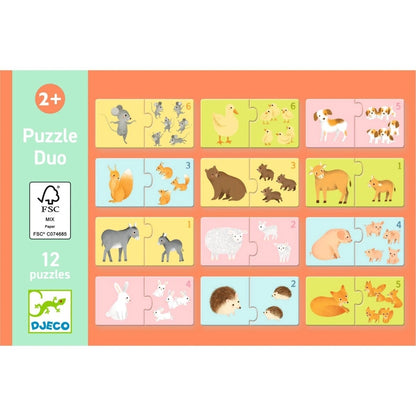 Motivübersicht des Djeco Puzzle Duo mit zwölf Tierpaaren von Tiermamas und ihren Kindern zum spielerischen Zählen lernen für Kinder ab 2 Jahren bei Burgfrollein
