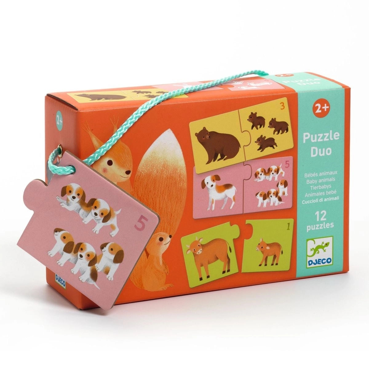 Verpackung des Djeco Puzzle Duo Tierbabys mit zwölf Tierpaaren von Mamas und ihren Kindern zum spielerischen Zählen lernen für Kinder ab 2 Jahren bei Burgfrollein