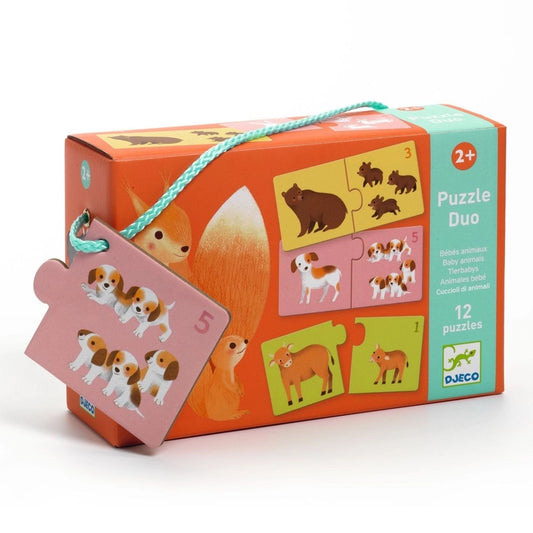 Verpackung des Djeco Puzzle Duo Tierbabys mit zwölf Tierpaaren von Mamas und ihren Kindern zum spielerischen Zählen lernen für Kinder ab 2 Jahren bei Burgfrollein