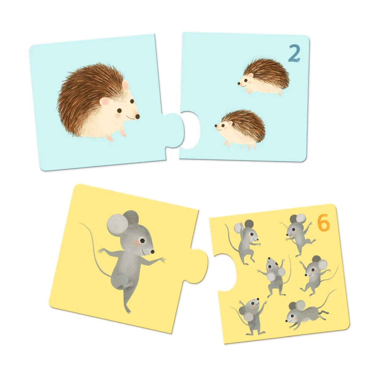 Detailansicht des Djeco Puzzle Duo mit Igel-Mama und zwei Igelkindern sowie Maus-Mama und sechs Mauskindern zum spielerischen Zählen lernen für Kinder ab 2 Jahren bei Burgfrollein
