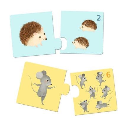 Detailansicht des Djeco Puzzle Duo mit Igel-Mama und zwei Igelkindern sowie Maus-Mama und sechs Mauskindern zum spielerischen Zählen lernen für Kinder ab 2 Jahren bei Burgfrollein
