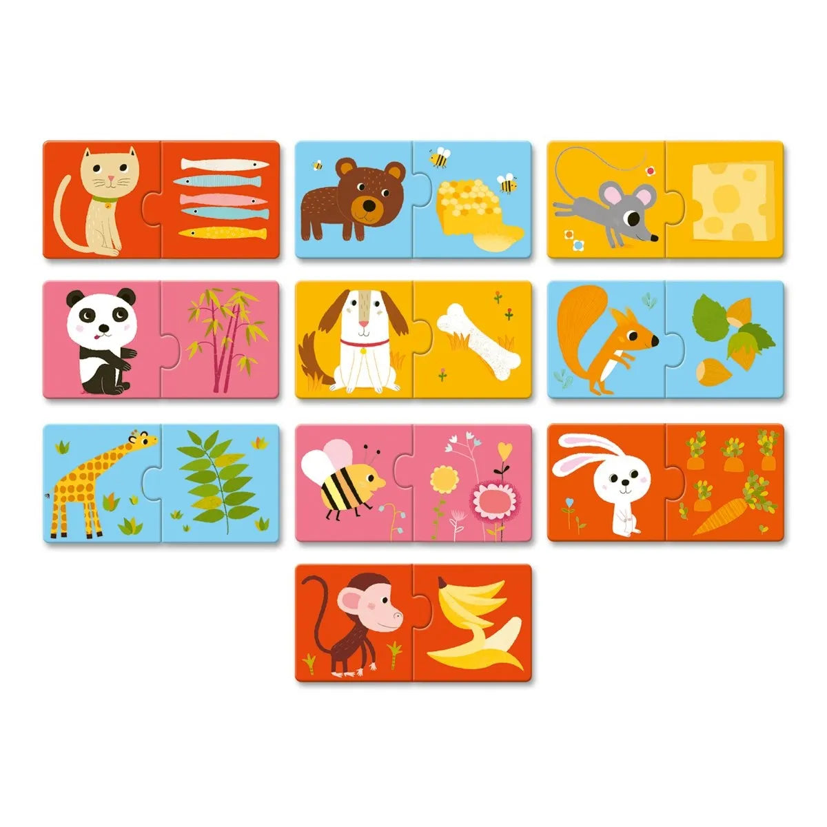Motivübersicht des Djeco Puzzle Duo Zu Tisch mit zehn Tier-Futter-Paaren wie Katze und Fisch, Bär und Honig, Hase und Karotten für Kinder ab 2 Jahren bei Burgfrollein