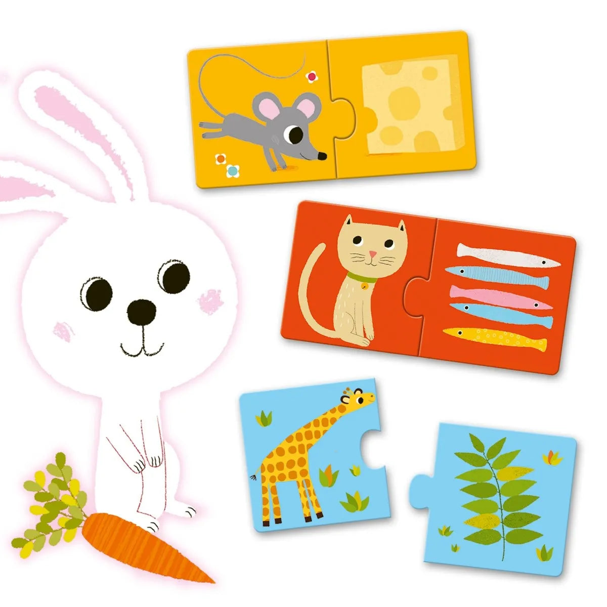 Detailansicht des Djeco Puzzle Duo Zu Tisch mit Maus und Käse, Katze und Fischen sowie Giraffe und Blättern für Kinder ab 2 Jahren bei Burgfrollein