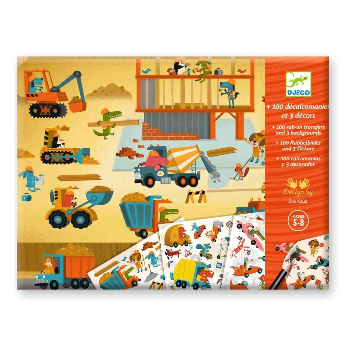 Djeco Rubbelbilder Baustelle Verpackung mit 100 Rubbelbildern und 3 Dekoren für Kinder von 5 bis 8 Jahren bei Burgfrollein