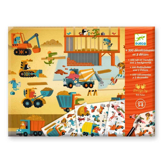 Djeco Rubbelbilder Baustelle Verpackung mit 100 Rubbelbildern und 3 Dekoren für Kinder von 5 bis 8 Jahren bei Burgfrollein