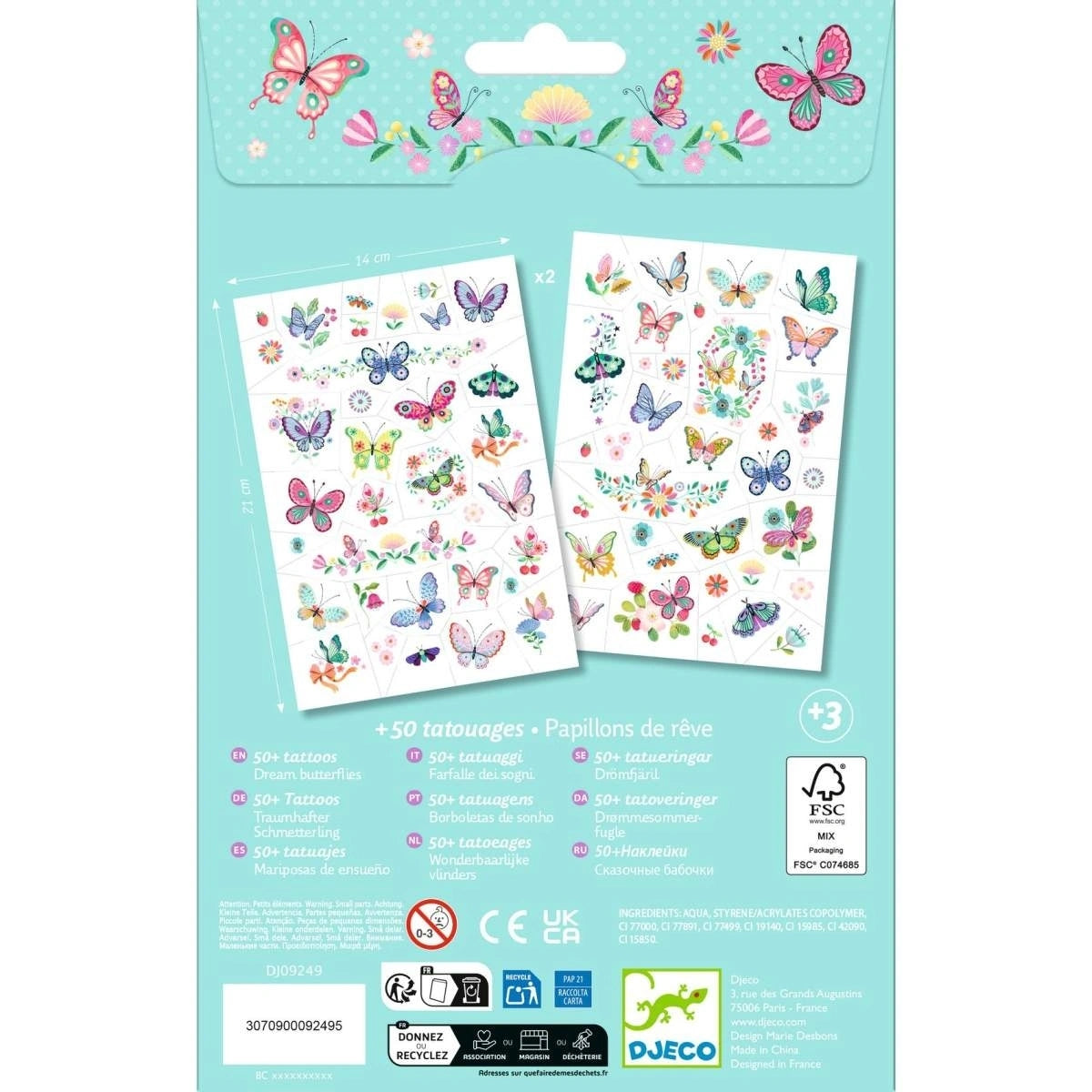 Verpackungsrückseite der Djeco Tattoos Traumhafter Schmetterling mit Motivübersicht der bunten Schmetterlings-Tattoos für Kinder bei Burgfrollein