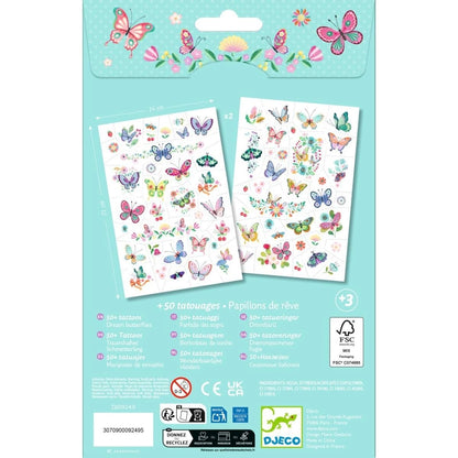 Verpackungsrückseite der Djeco Tattoos Traumhafter Schmetterling mit Motivübersicht der bunten Schmetterlings-Tattoos für Kinder bei Burgfrollein