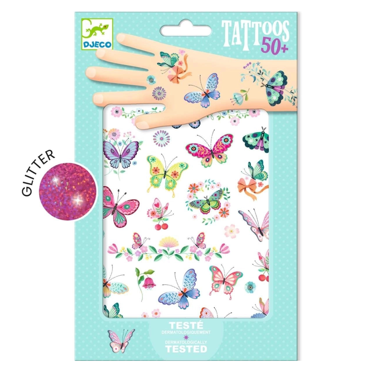 Verpackung der Djeco Tattoos Traumhafter Schmetterling mit 50 Tattoos für Kinder, Vorderseite mit Hand und bunten Schmetterlingsmotiven mit Glitzer-Effekt bei Burgfrollein