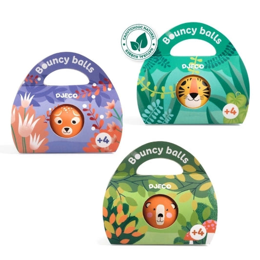 Drei Varianten der Djeco Tier-Flummis Bouncy Balls aus Naturkautschuk mit Tiger, Bär und Reh in Geschenkverpackung als Schultüten-Idee für Kinder ab 4 Jahren bei Burgfrollein