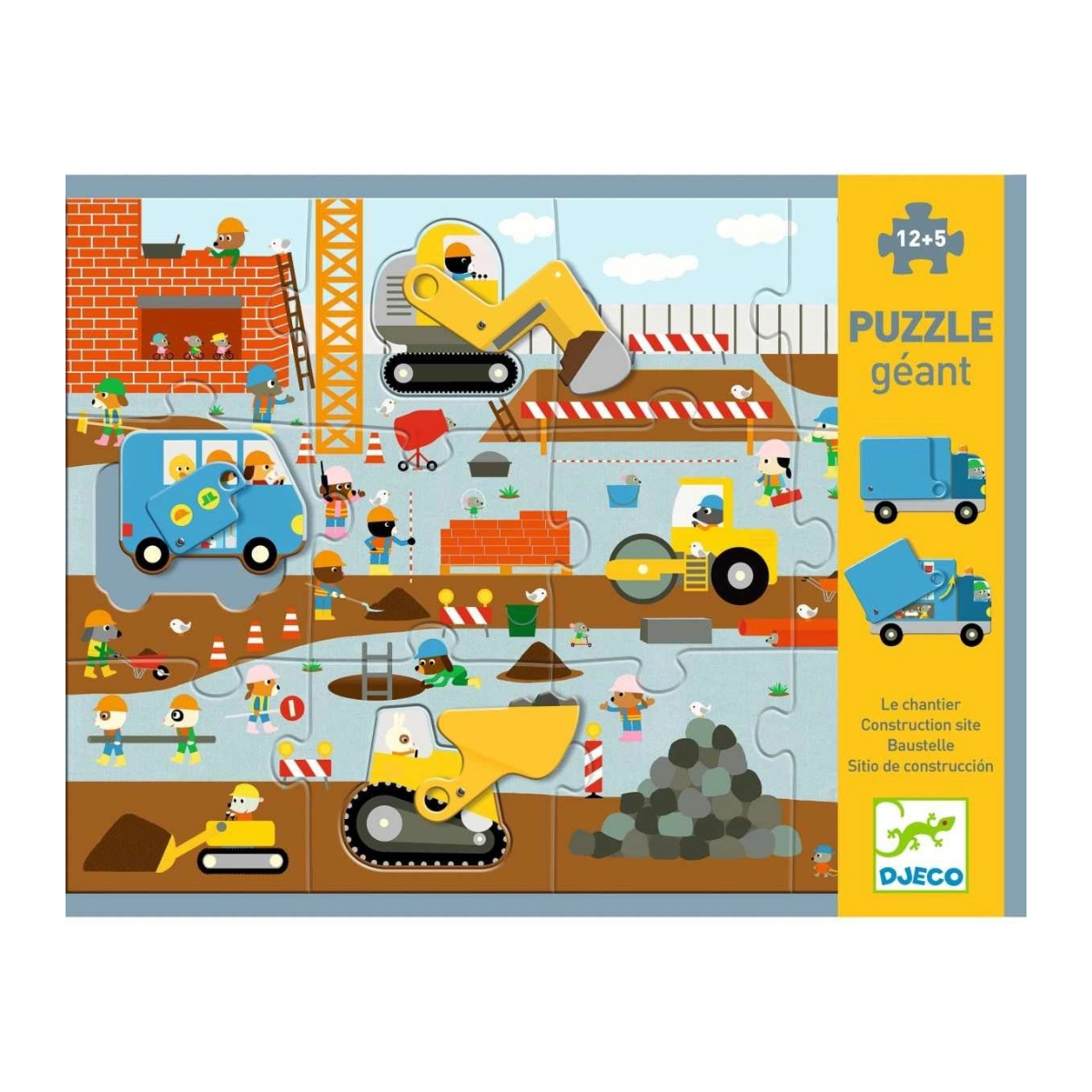 Motivübersicht des Djeco XXL Puzzle Géant Baustelle mit Baggern, Kran, LKW und Bauarbeitern für Kinder ab 5 Jahren mit 12 Teilen bei Burgfrollein