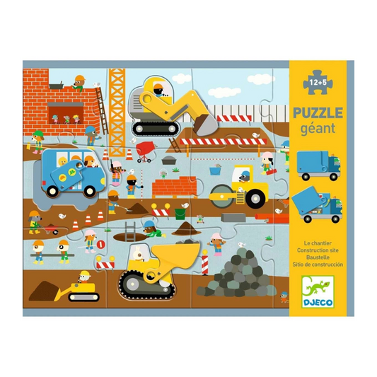 Motivübersicht des Djeco XXL Puzzle Géant Baustelle mit Baggern, Kran, LKW und Bauarbeitern für Kinder ab 5 Jahren mit 12 Teilen bei Burgfrollein