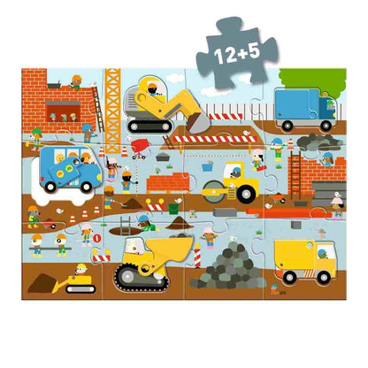 Aufgebautes Djeco XXL Puzzle Géant Baustelle mit 12 großen Puzzleteilen und 5 beweglichen Fahrzeug-Elementen für Kinder ab 5 Jahren bei Burgfrollein