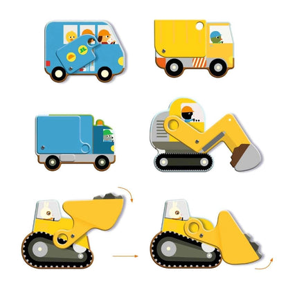Detailansicht der Fahrzeuge aus dem Djeco XXL Puzzle Géant Baustelle mit Bus, LKW, Kipper, Bagger und Radlader mit beweglichen Schaufeln für Kinder ab 5 Jahren bei Burgfrollein