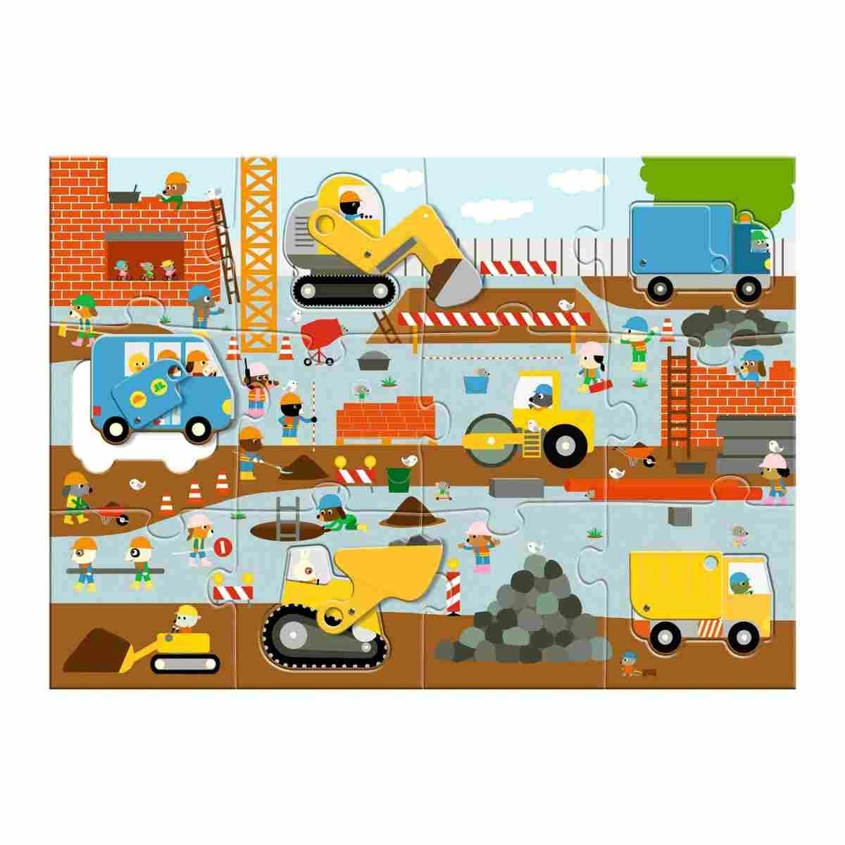 Komplett zusammengelegtes Djeco XXL Puzzle Géant Baustelle als Freisteller mit Baggern, Kran, LKW und Bauarbeitern für Kinder ab 5 Jahren bei Burgfrollein