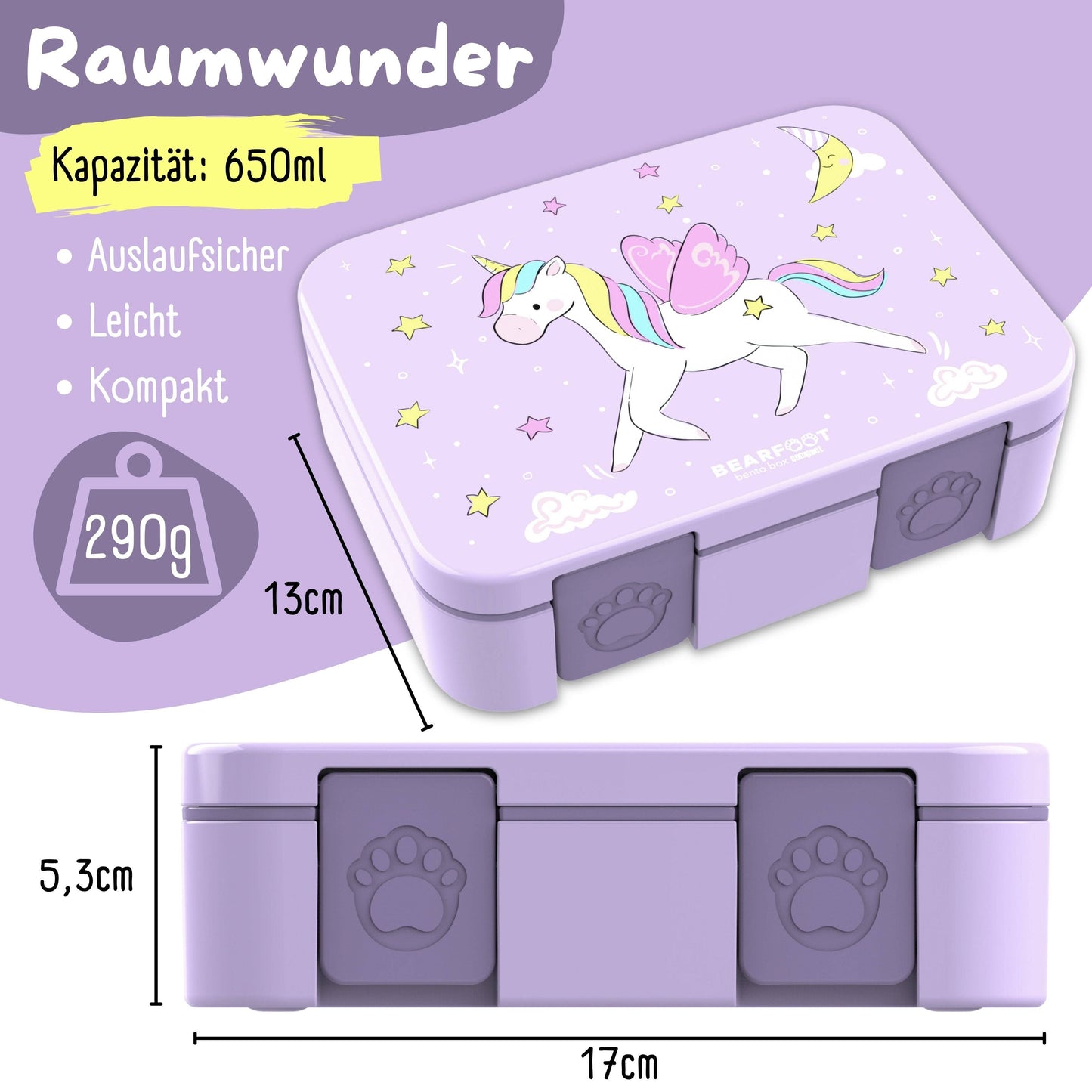 Brotdose mit "Einhorn"-Motiv und Fächern, leicht & auslaufsicher, 650ml