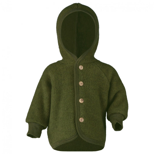 Dunkelgrüne Kapuzenjacke mit Holzknöpfen "Schilf Melange" aus dickem Wollfleece