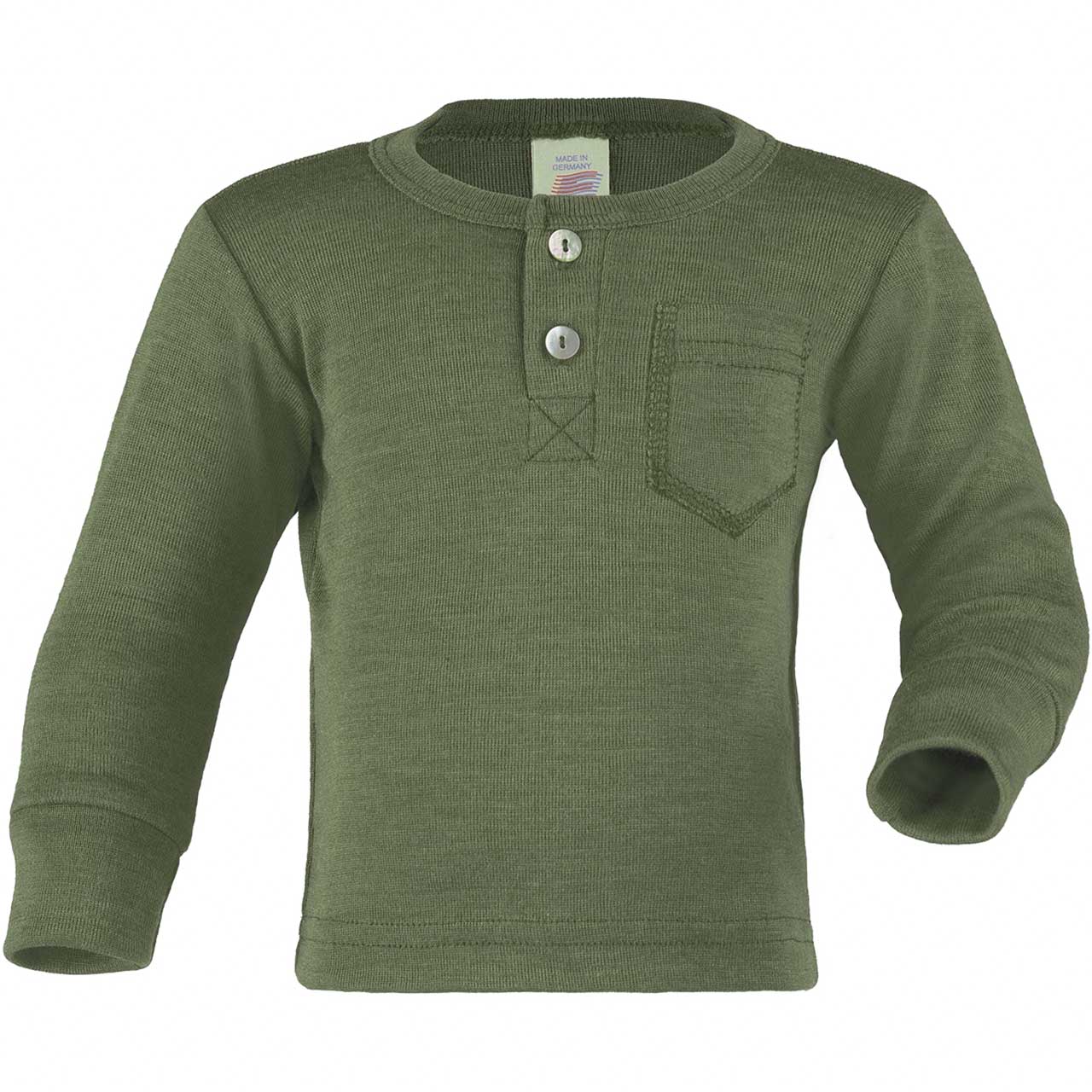 Olivgrünes Baby-Shirt mit Knopfleiste aus Wolle/Seide, verschiedene Größen