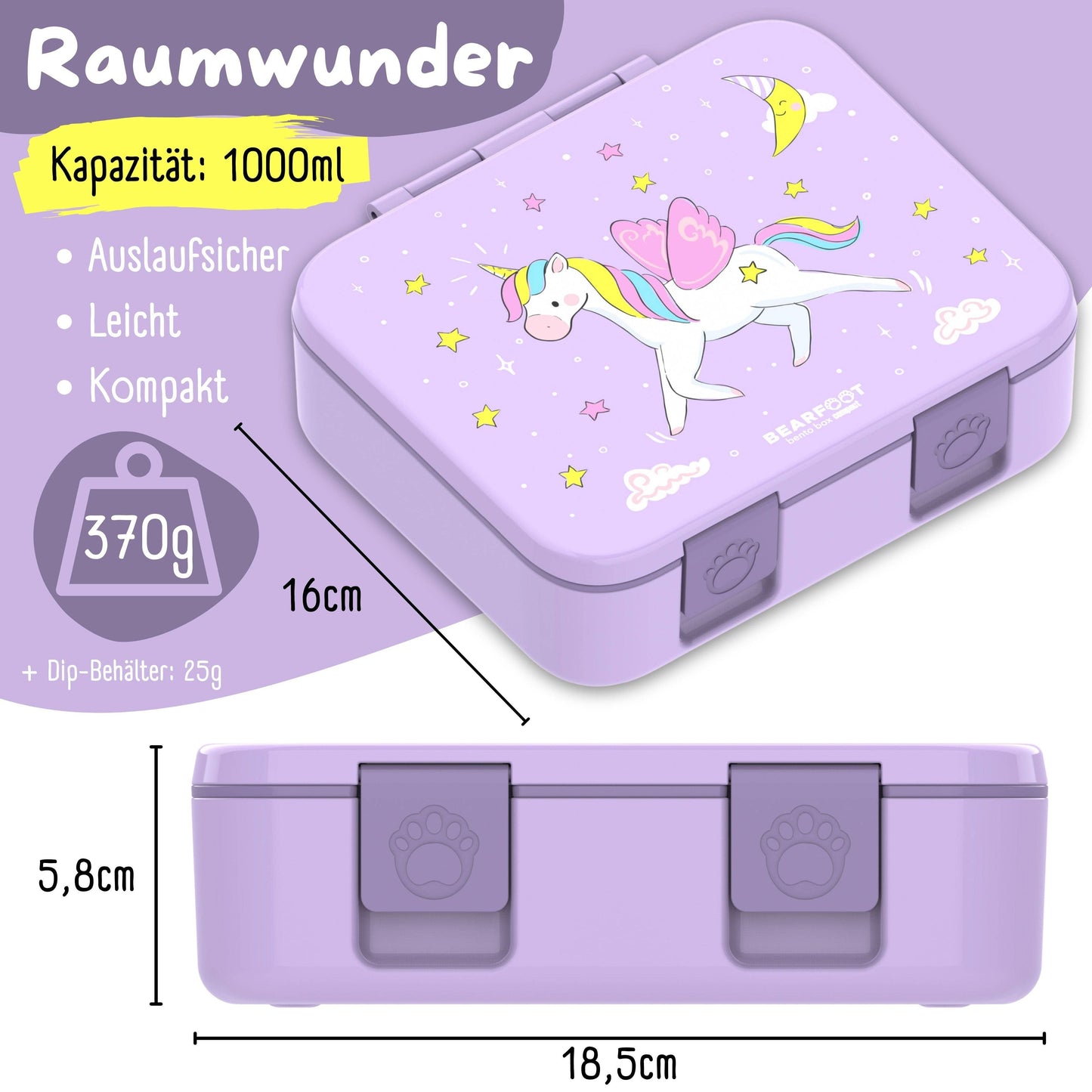 Brotdose mit "Einhorn"-Motiv und Fächern, leicht & auslaufsicher, 650ml