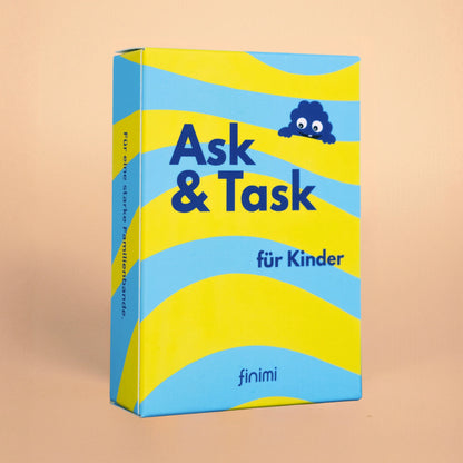 Finimi Ask & Task Kartenspiel für Kinder in gelb-blauer Verpackung – ideales Geschenk zu Weihnachten, Ostern oder zum Kindergeburtstag für starke Familienmomente