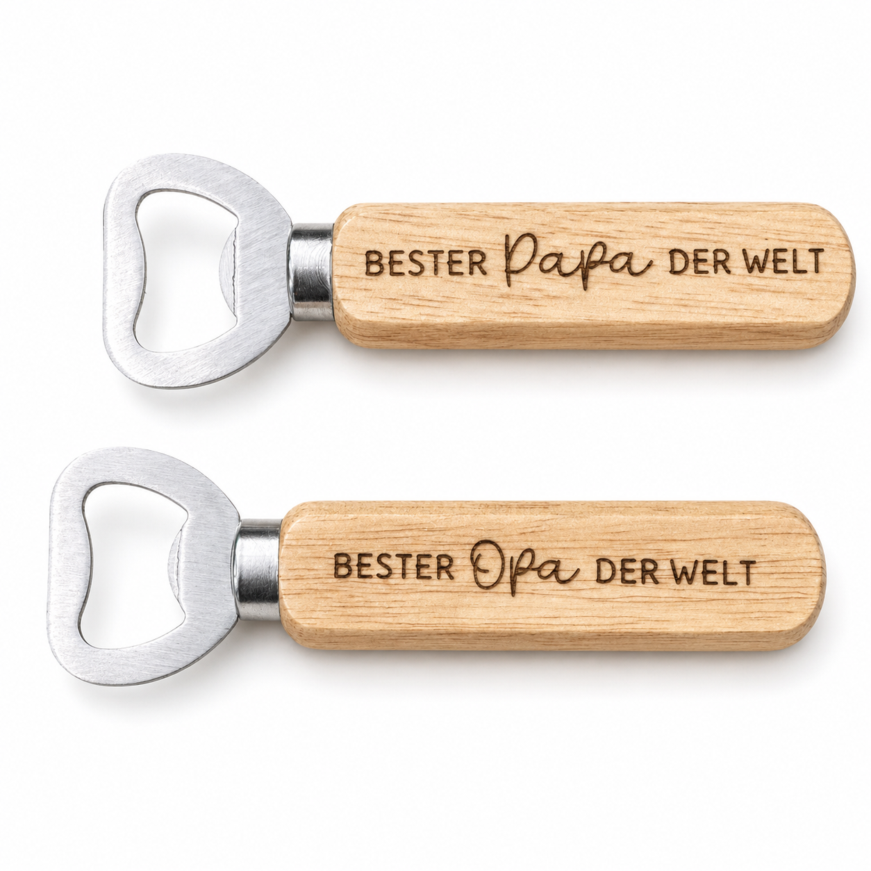 Zwei Holz-Flaschenöffner mit Gravur „Bester Papa der Welt“ und „Bester Opa der Welt“ – Geschenkidee zum Vatertag, Rückseite individuell personalisierbar