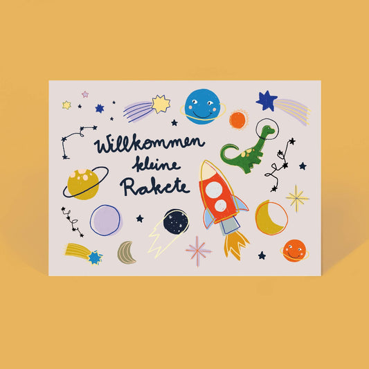Geburtskarte "Willkommen kleine Rakete" von Liesel's Wicht mit Weltraum-Motiv – schöne Geschenkidee zur Geburt