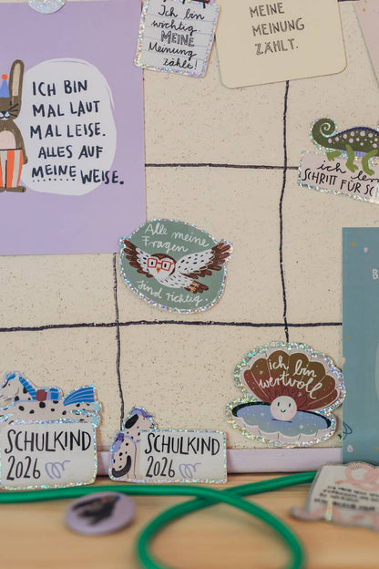 Glitzersticker-Kollektion von Liesel's Wicht mit Schulkind-Motiven und motivierenden Sprüchen – Geschenkidee zur Einschulung