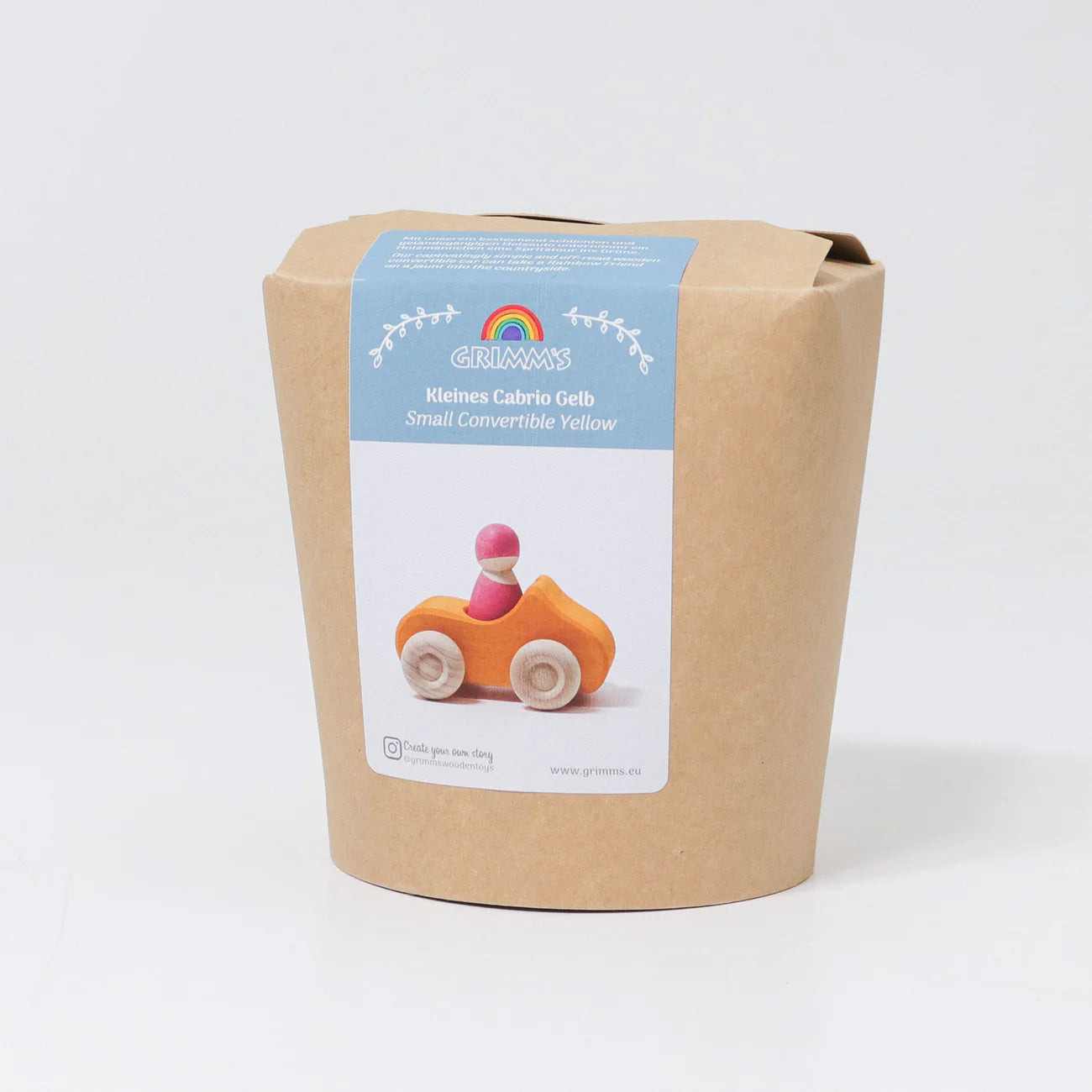 Grimms Holzauto Cabrio gelb in nachhaltiger Verpackung – hochwertiges Holzspielzeug als Geschenkidee ab 12 Monaten