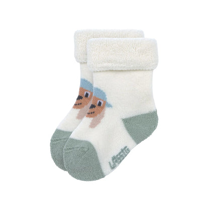 Weiße Babysocken mit Hund-Motiv und grünen Details – enthalten im 3er Set „Hund" von Lässig, weiche Terry-Erstlingssöckchen für Babys