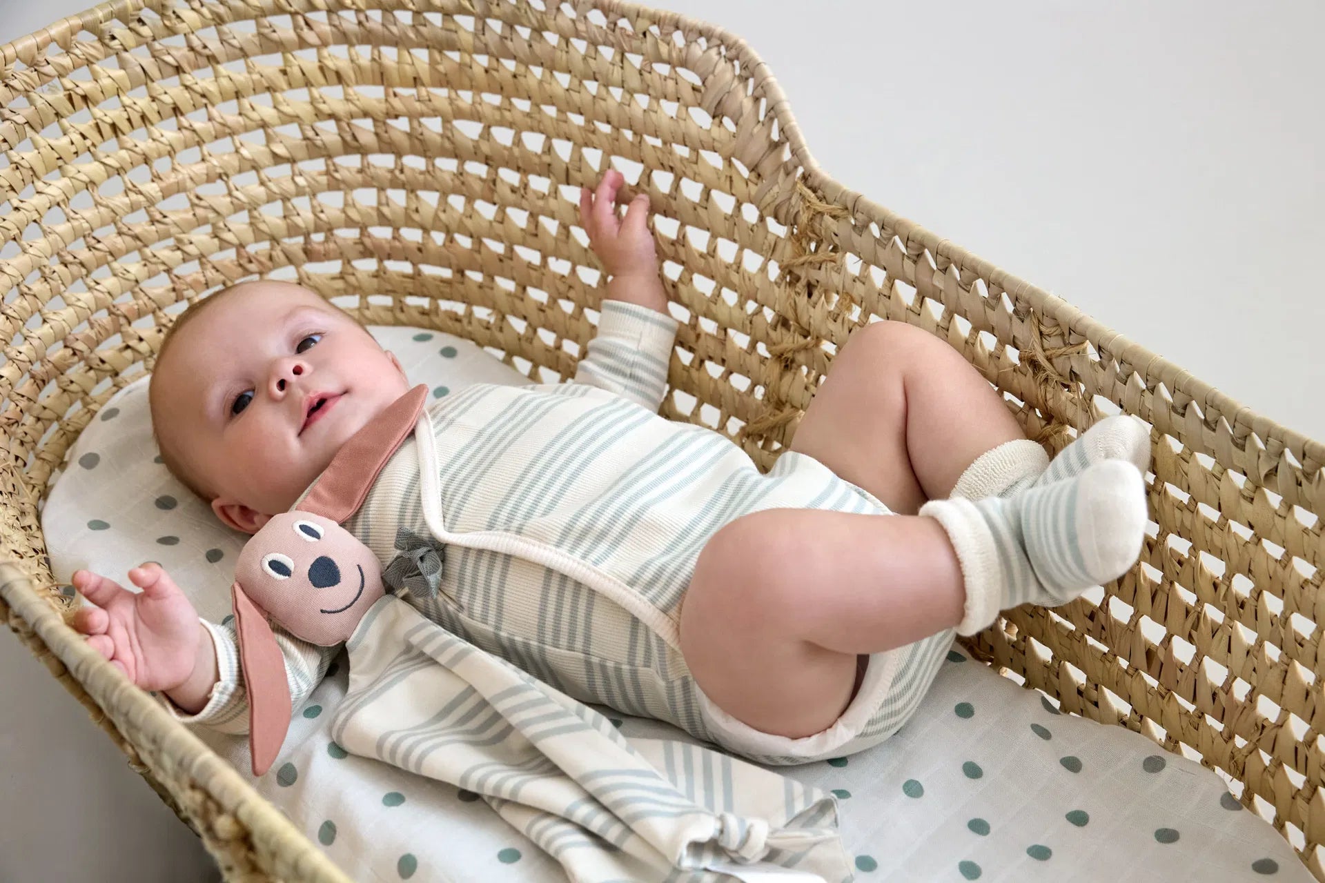 Baby trägt grün-weiß gestreifte Babysocken aus dem 3er Set „Hund" von Lässig – weiche Terry-Erstlingssöckchen im gemütlichen Stubenwagen