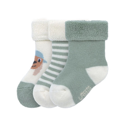 Grüne Babysocken „Hund" von Lässig im 3er Set – alle drei Modelle (Hund-Motiv, Streifen und Uni-Grün) als weiche Terry-Erstlingssöckchen für Babys