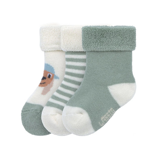 Grüne Babysocken „Hund" von Lässig im 3er Set – alle drei Modelle (Hund-Motiv, Streifen und Uni-Grün) als weiche Terry-Erstlingssöckchen für Babys