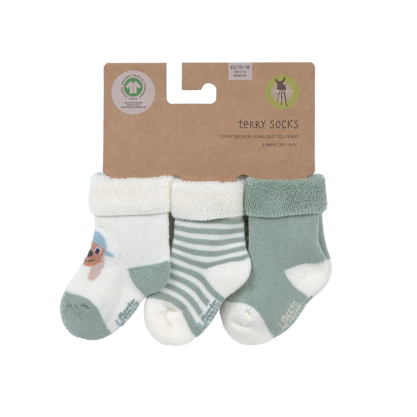 Grüne Babysocken „Hund" von Lässig im 3er Set mit Originalverpackung – weiche Terry-Erstlingssöckchen aus Bio-Baumwolle für Babys