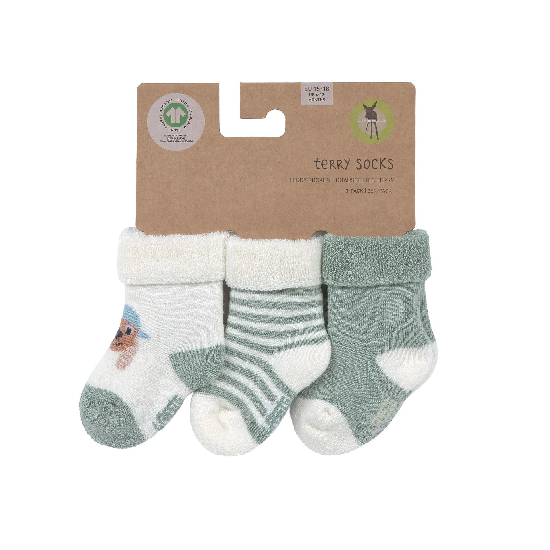 Grüne Babysocken „Hund" von Lässig im 3er Set mit Originalverpackung – weiche Terry-Erstlingssöckchen aus Bio-Baumwolle für Babys