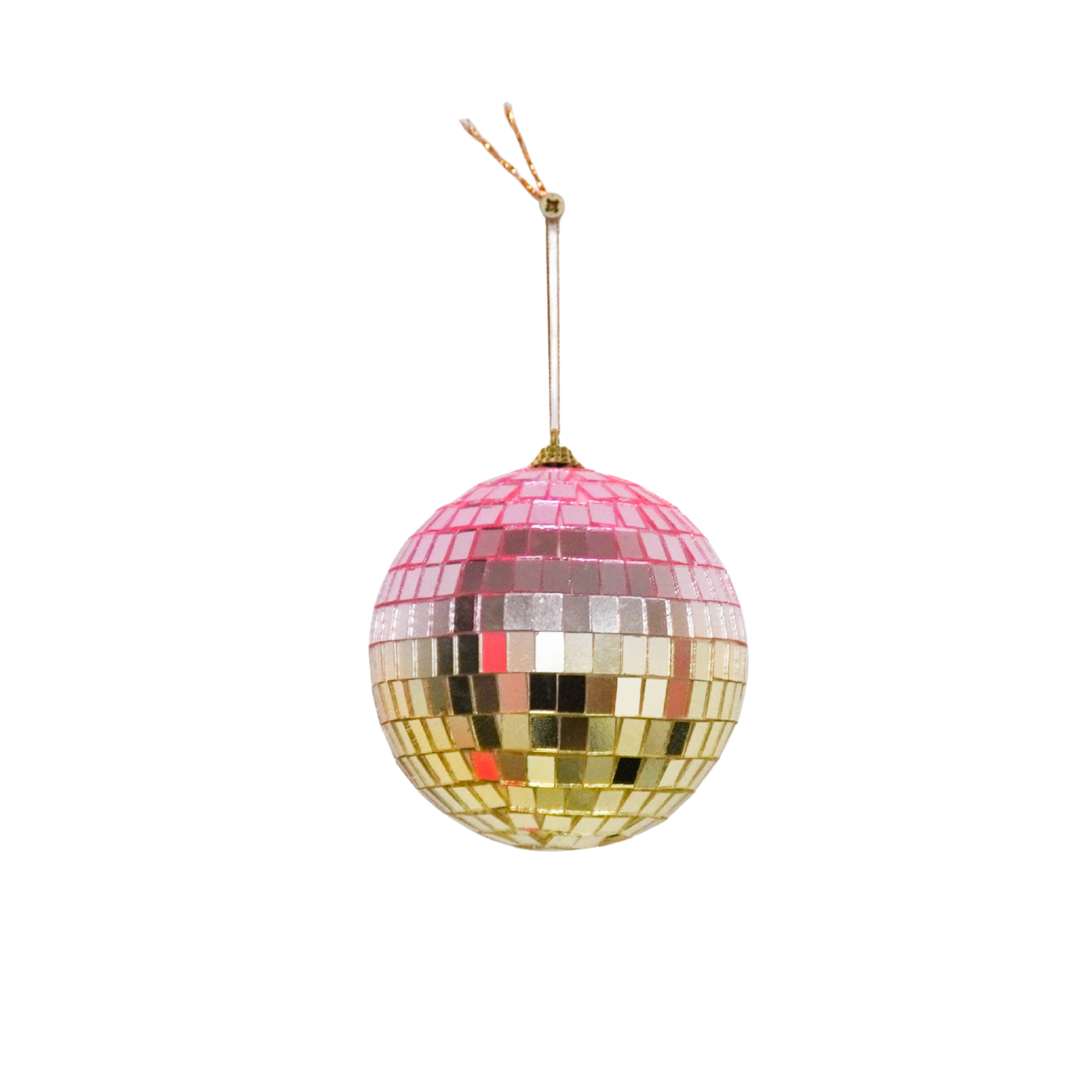 Discokugel „für gute Laune“ von House Vitamin (15 cm) in Rosa und Gold mit Aufhängeschlaufe, freigestellt vor weißem Hintergrund – funkelnder Hingucker als Weihnachtsdeko, Wohnungsdeko oder Geschenkidee