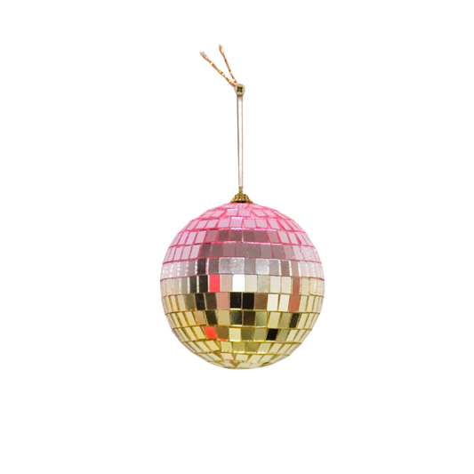 Discokugel „für gute Laune“ von House Vitamin (15 cm) in Rosa und Gold mit Aufhängeschlaufe, freigestellt vor weißem Hintergrund – funkelnder Hingucker als Weihnachtsdeko, Wohnungsdeko oder Geschenkidee