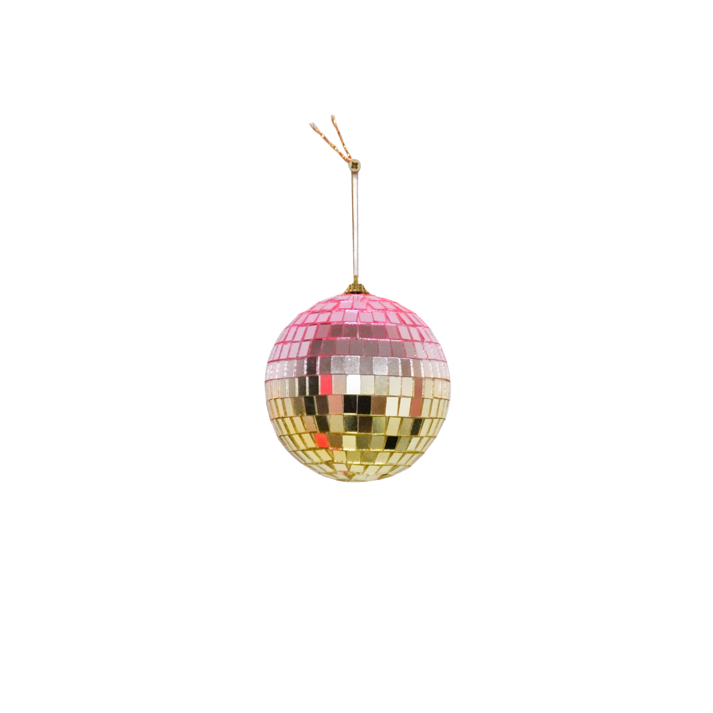 Discokugel für gute Laune von House Vitamin, 10 cm, mit Farbverlauf von Rosa zu Gold hängend an Schnur, freigestellt vor weißem Hintergrund – funkelnde Wohnungsdeko und stimmungsvolle Geschenkidee