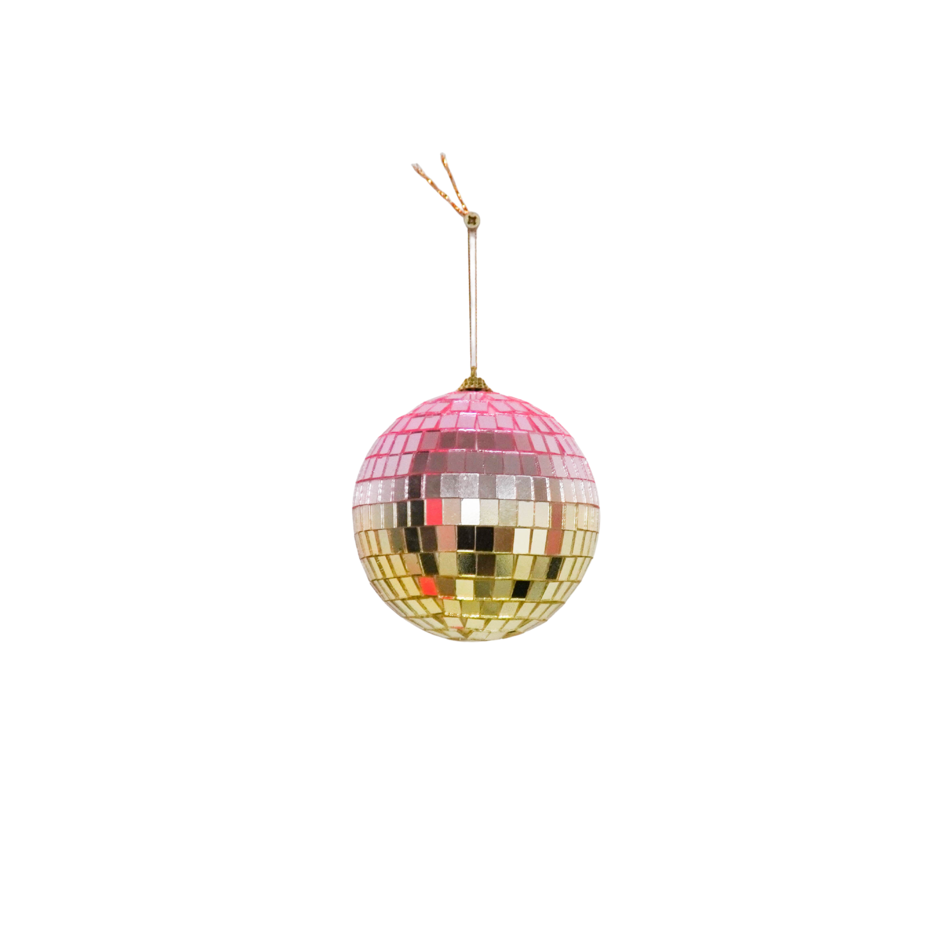 Discokugel für gute Laune von House Vitamin, 10 cm, mit Farbverlauf von Rosa zu Gold hängend an Schnur, freigestellt vor weißem Hintergrund – funkelnde Wohnungsdeko und stimmungsvolle Geschenkidee