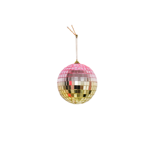 Discokugel für gute Laune von House Vitamin, 10 cm, mit Farbverlauf von Rosa zu Gold hängend an Schnur, freigestellt vor weißem Hintergrund – funkelnde Wohnungsdeko und stimmungsvolle Geschenkidee