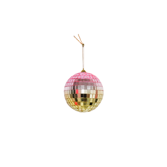 Discokugel für gute Laune von House Vitamin, 8 cm, mit Farbverlauf von Rosa zu Gold hängend an Schnur, freigestellt vor weißem Hintergrund – funkelnde Wohnungsdeko und stimmungsvolle Geschenkidee