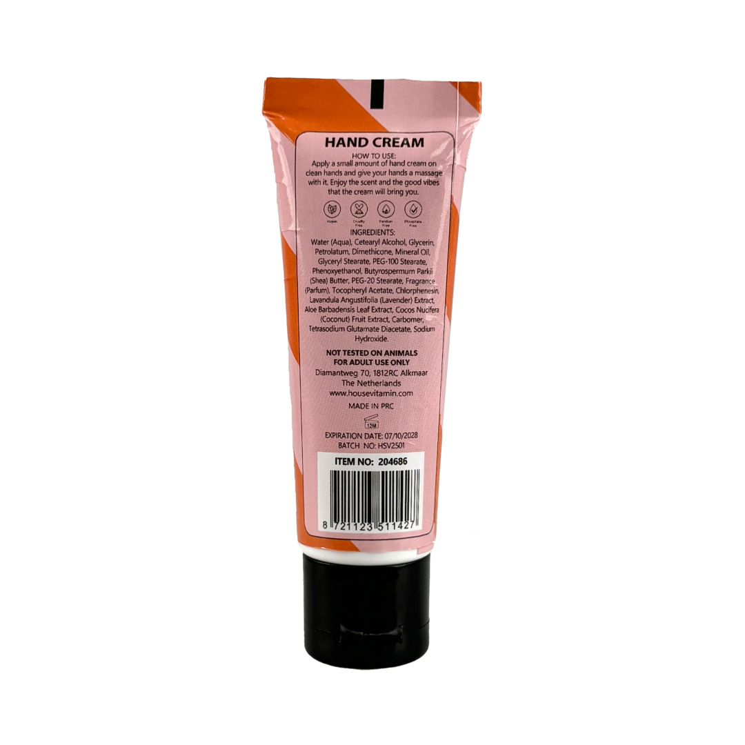 Rückseite der kleinen Handcreme-Tube „Grüner Tee" von House Vitamin (30 ml) mit Anwendungshinweisen und Inhaltsstoffen – pflegende Handcreme für unterwegs