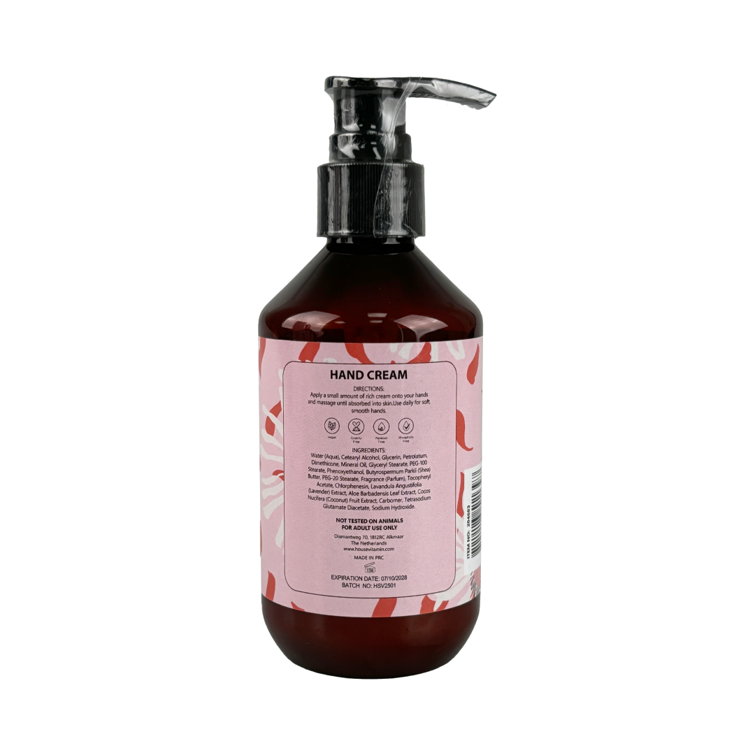 Handcreme „Pfingstrosenblüte" von House Vitamin, 200 ml, braune Pumpflasche Rückseite mit Ingredients-Liste und Anwendungshinweisen, freigestellt vor weißem Hintergrund – transparente Produktinformation der großen floralen Handpflege