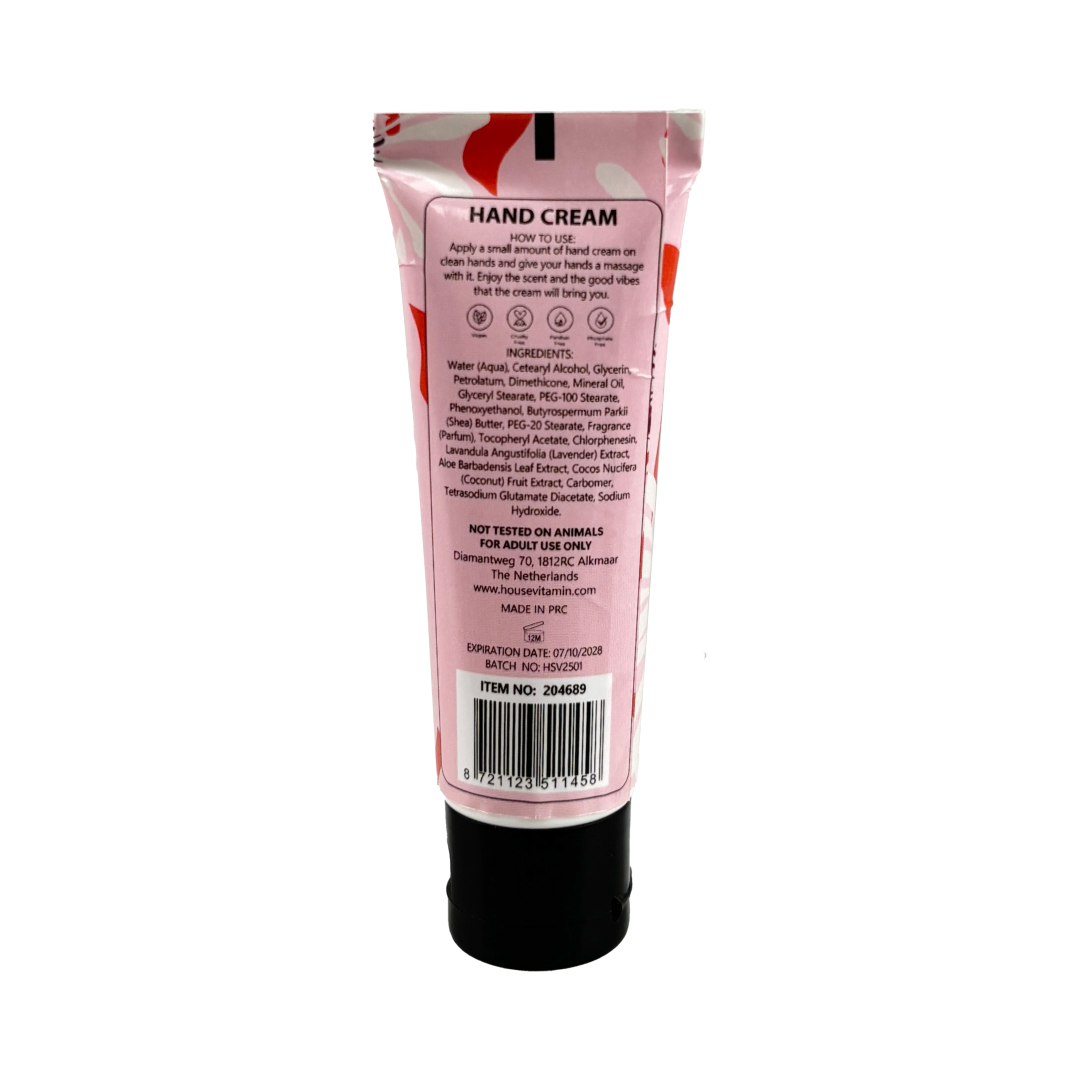 Kleine Tube Handcreme „Pfingstrosenblüte" von House Vitamin, 30 ml, Rückseite mit Ingredients-Liste, Anwendungshinweisen und Barcode, freigestellt vor weißem Hintergrund – transparente Produktinformation der floralen Handpflege