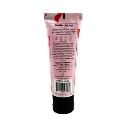 Kleine Tube Handcreme „Pfingstrosenblüte" von House Vitamin, 30 ml, Rückseite mit Ingredients-Liste, Anwendungshinweisen und Barcode, freigestellt vor weißem Hintergrund – transparente Produktinformation der floralen Handpflege