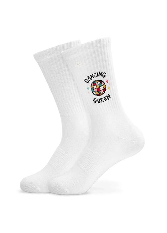 J Clay Dancing Queen Tennissocken-Paar in Weiß für Erwachsene unisex mit buntem Discokugel-Motiv freigestellt vor weißem Hintergrund bei Burgfrollein