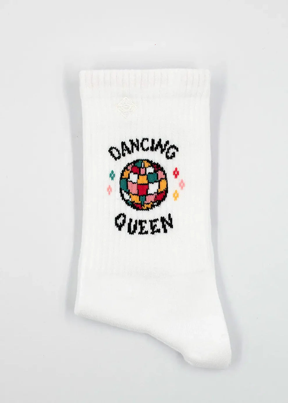J Clay Dancing Queen Tennissocke in Weiß für Erwachsene unisex mit buntem Discokugel-Motiv vor hellem Hintergrund bei Burgfrollein